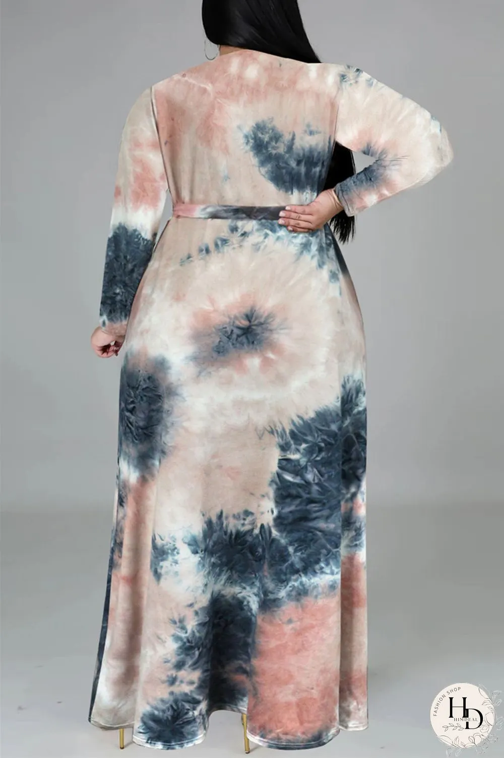 Colour Fashion Casual Print Tie-dye V Neck Long Sleeve Plus Size Dress