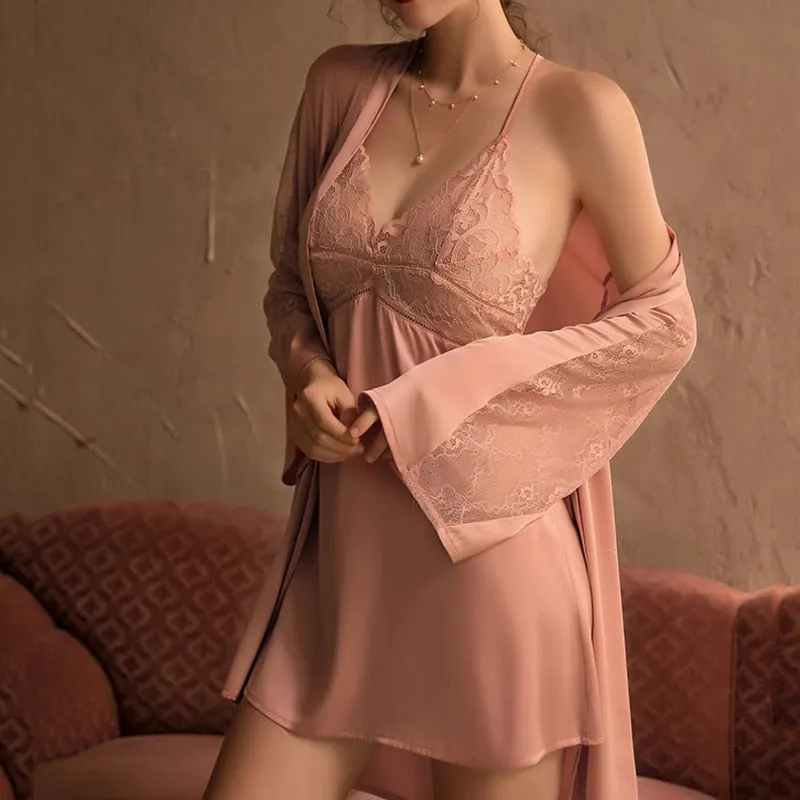 CINOON 3 Pieces Women Pajamas Sets Faux Silk Pajamas Sleepwear Sets Embroidery Lace Bath Gown Wedding Night Dress Robe With Belt