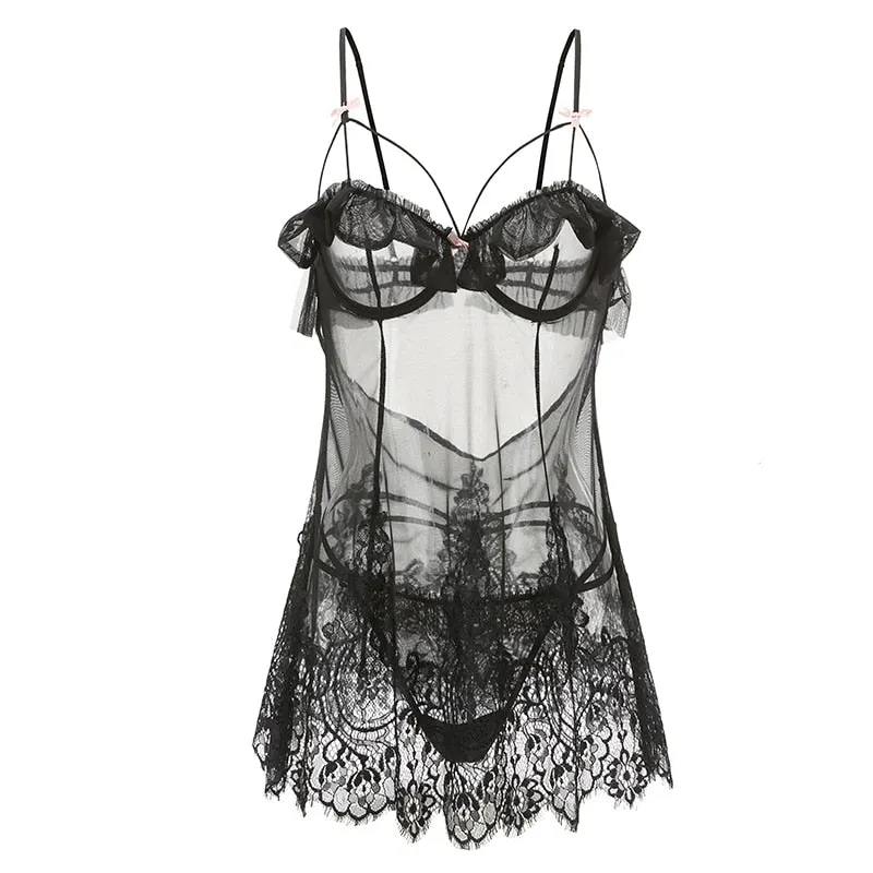 French Sexy Pyjamas Summer Lace Ruffles Small Chest Perspective Sling Sleeping Dress 2PCS Pajama Set for Women Dropshipping