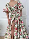 Floral Print V-Neck Puff Sleeves Empire Split-Side Party Maxi Dress