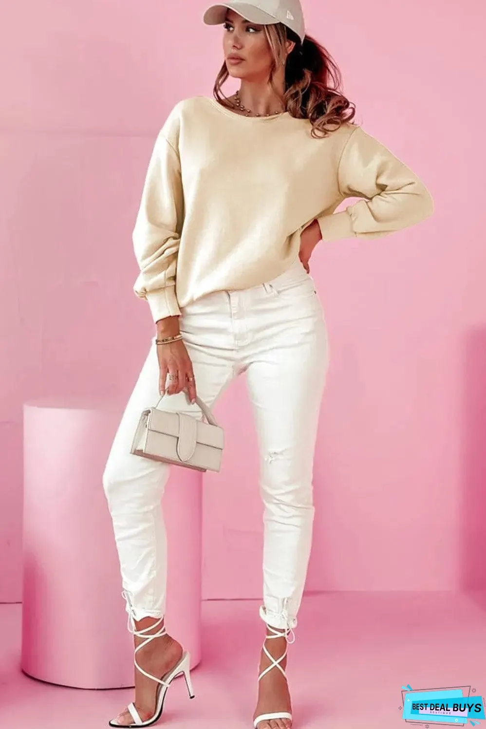 Apricot Bowknot Dewback Round Neck Sweatshirt
