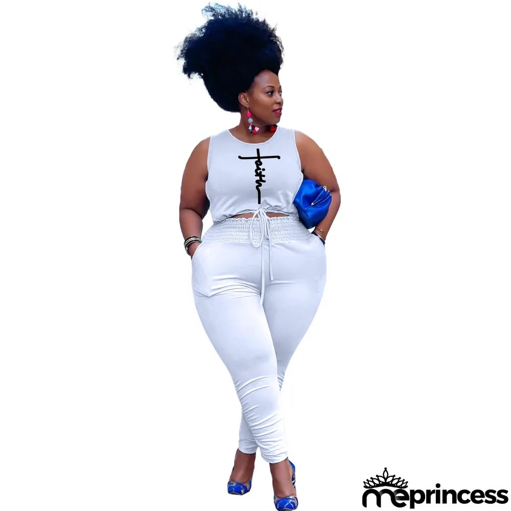 Women's Fashion Spring Summer Letter Print Tank Top Pants Casual Sport Plus Size Two-Piece Set