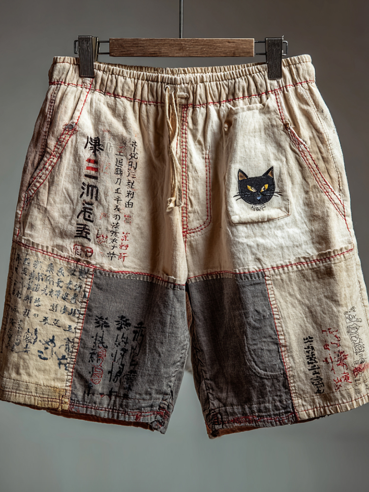 Japanese Calligraphy And Cat Art Red Stitch Embroidery Washed Shorts elevenforest