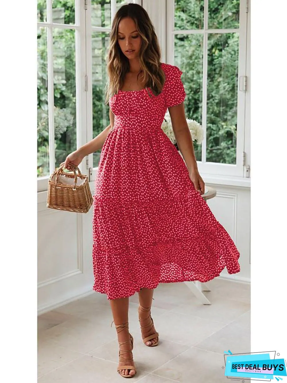 Women's A-Line Dress Midi Dress - Short Sleeve Polka Dot Summer Deep U Hot Casual / Daily Boho Black Red Yellow Green