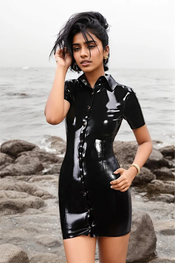 Women Latex Dress Elegant Black Mini Buttons