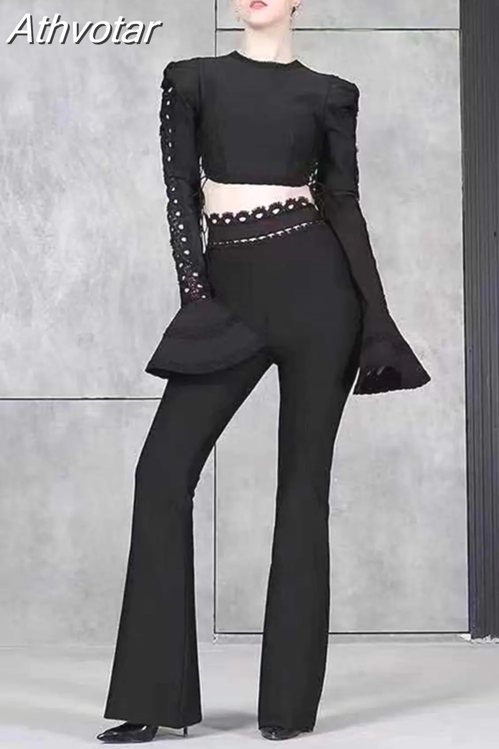 Athvotar Women Clothing Set 2023 Sexy Long Sleeve Black White Lace Bodycon Two Pieces Set Party Celebrity Bandage Boot Cut Pants Suits