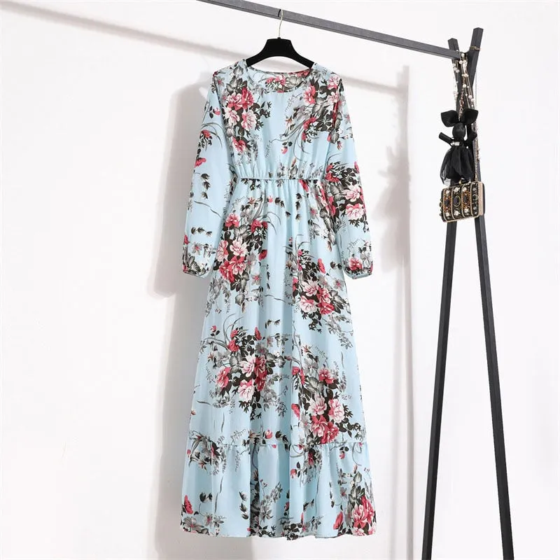 Floral Print Long Dress Women Lantern Long Sleeve High Waist Elegant Party Dress Ladies Casual Spring Summer Beach Maxi Dress