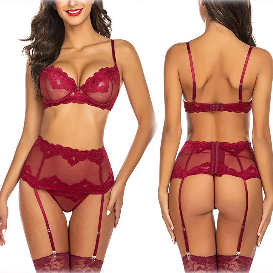 Churchf Sex Lingerie Sexy Women's Screen Yarn Perspective Lace Lingerie Three-Piece Set