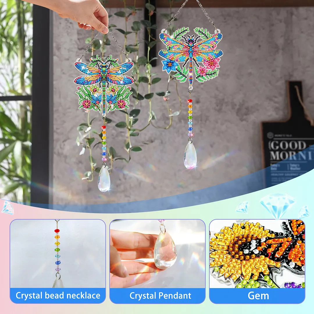 2Pcs Garden Dragonfly DIY Double-Sided Diamond Painting Hanging Kits Diamond Painting Suncatcher Craft Kit for Home Garden Wall Decor Gift