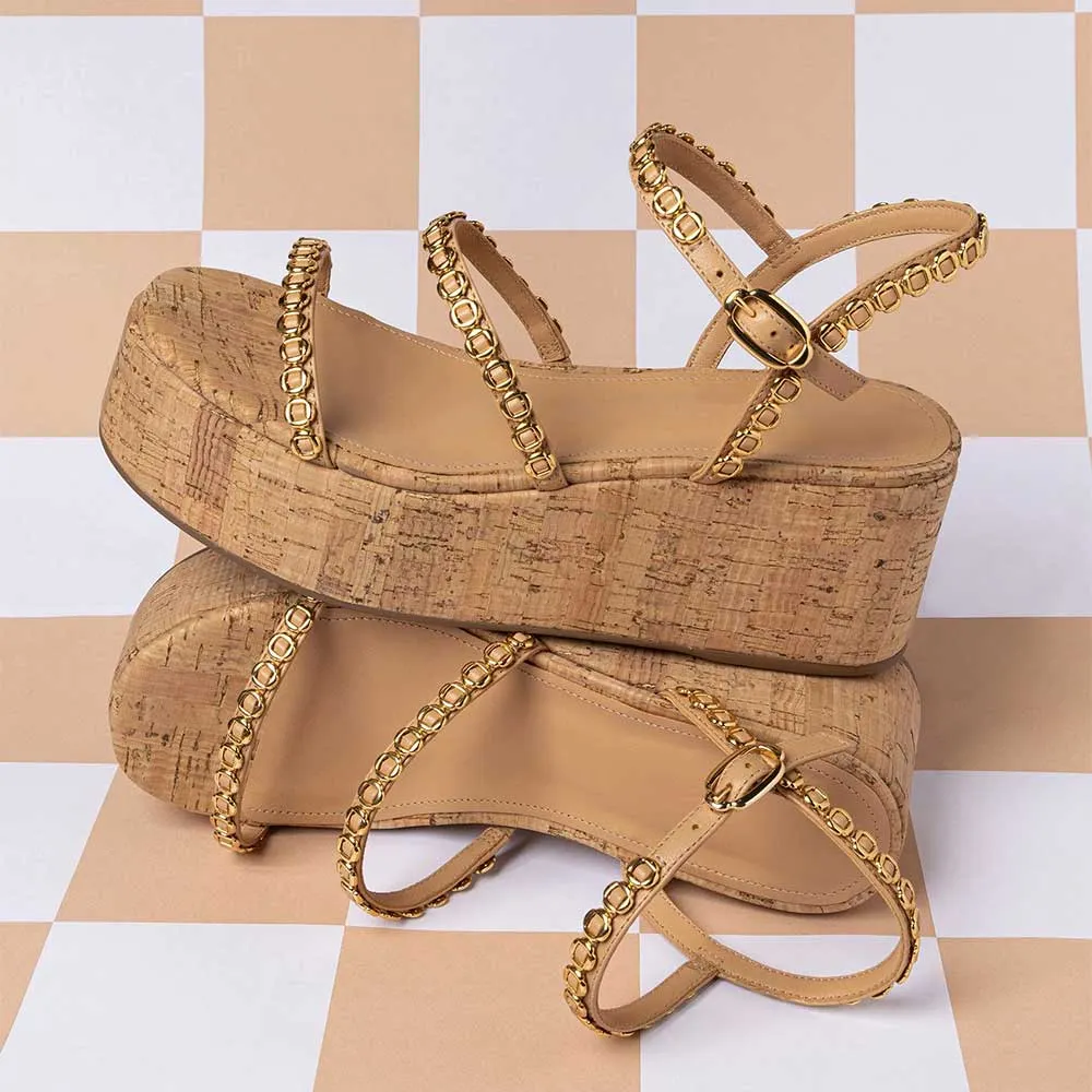 YDN Tan Open Round Toe Gold Accent Ankle Strap Wedge Sandals