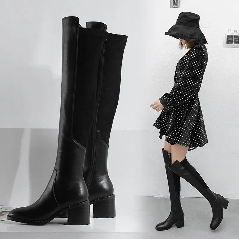 2020 Black Women Boots Genuine Leather Over The Knee Boots 7cm high Heel Autumn Winter Fashion Shoes large size 34-43