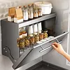Wall-Mounted Kitchen Storage Cabinet with Pull-Down Double-Layer Shelf Carbon Steel Spice Rack Organizer for Utensils Food Prep & Countertop Organization