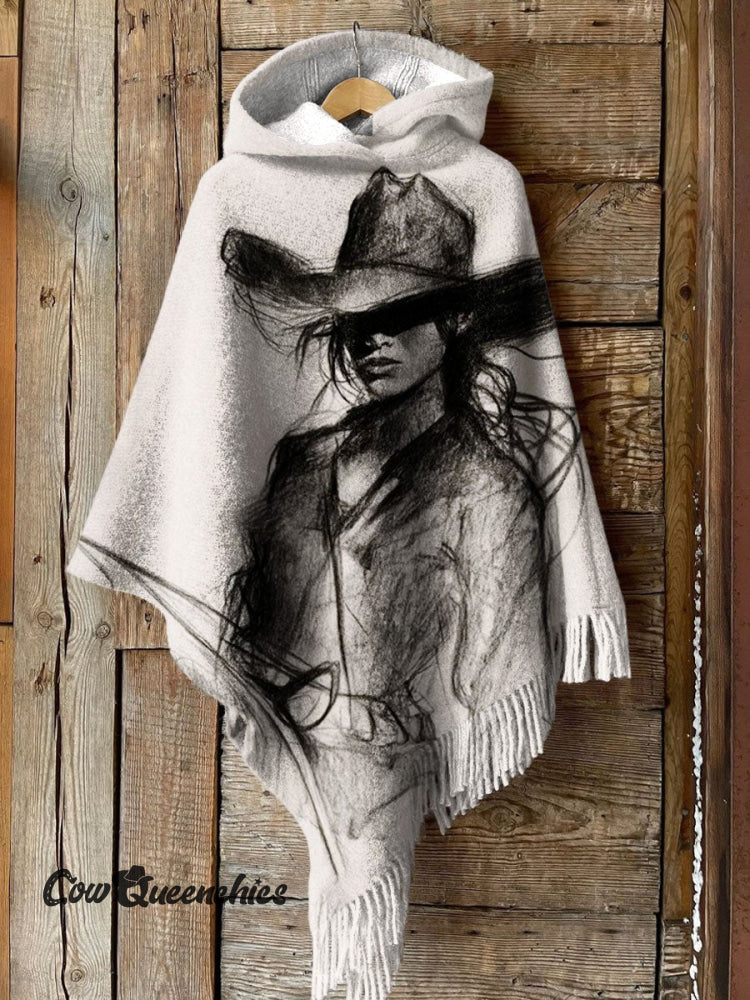 Women&rsquo;s Vintage Wild West Cowgirl Art Print Casual Knitted Blanket Poncho Hood Cape Multicolor /