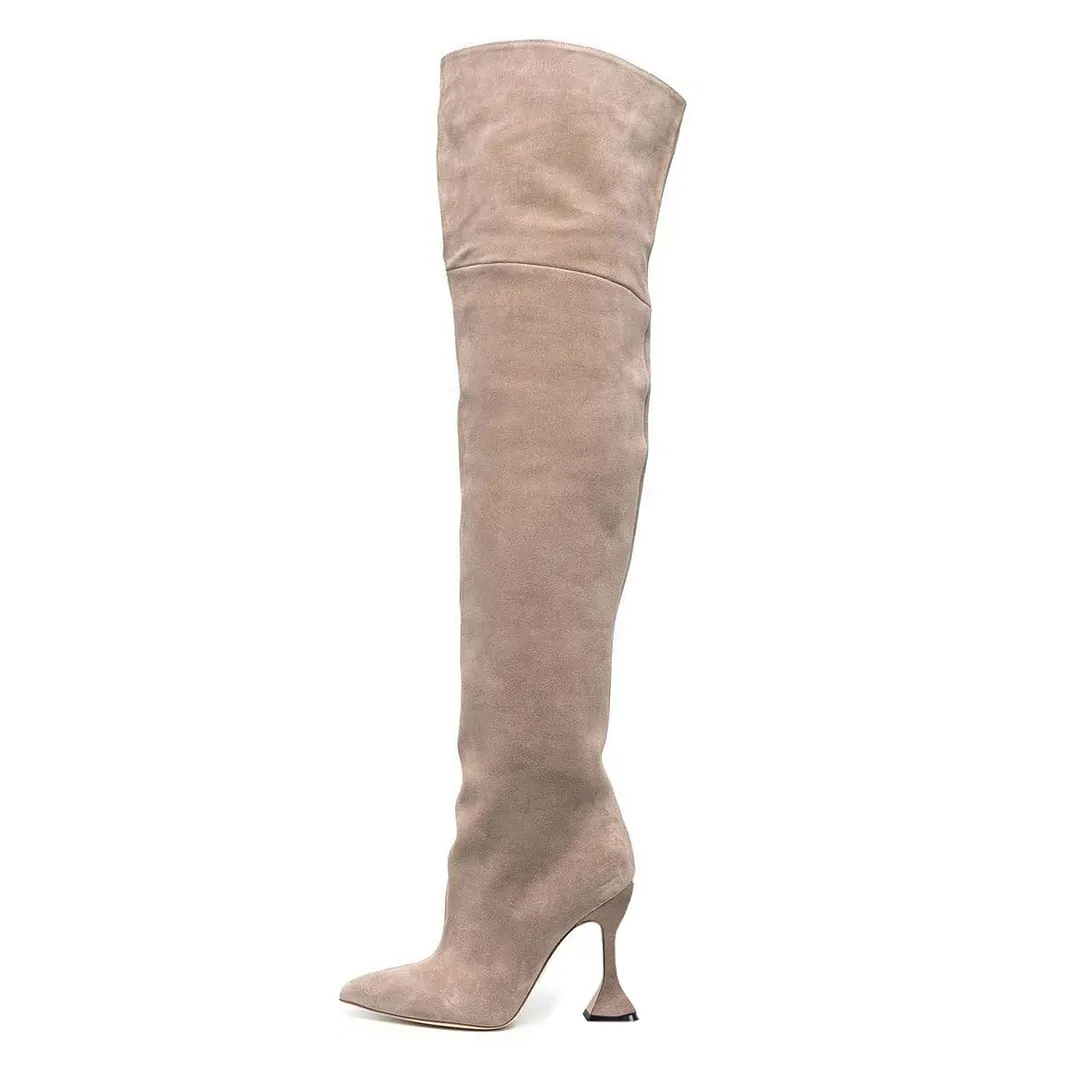 Women's Nude Vegan Suede Pointed Toe Over The Knee High Heel Boots