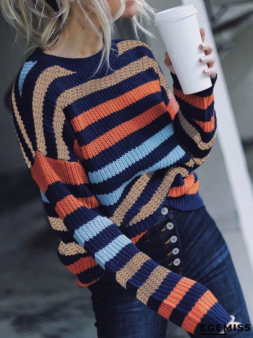 Crew Neck Loosen Striped Sweater | EGEMISS