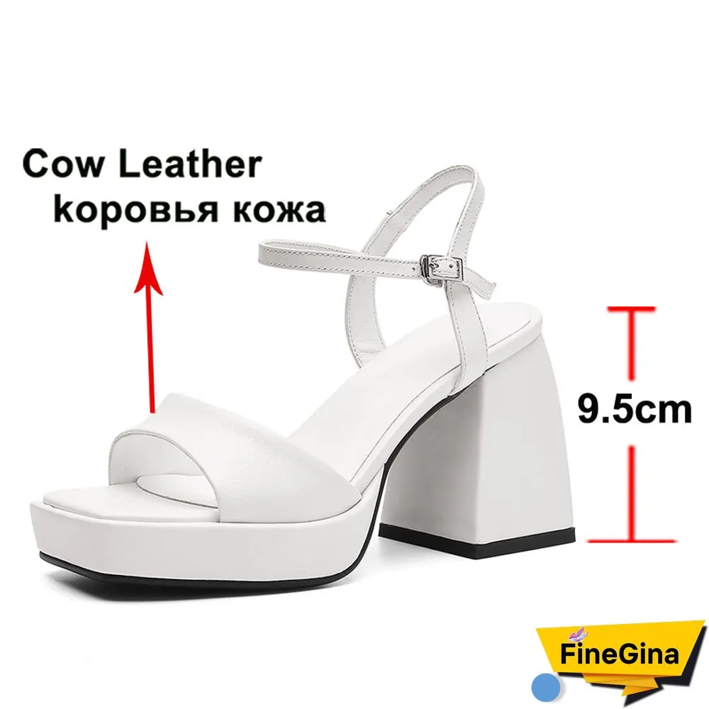 Meotina Women Genuine Leather Shoes Super High Heel Platform Sandals Buckle Thick Heel Square Toe Ladies Sandals Summer Black