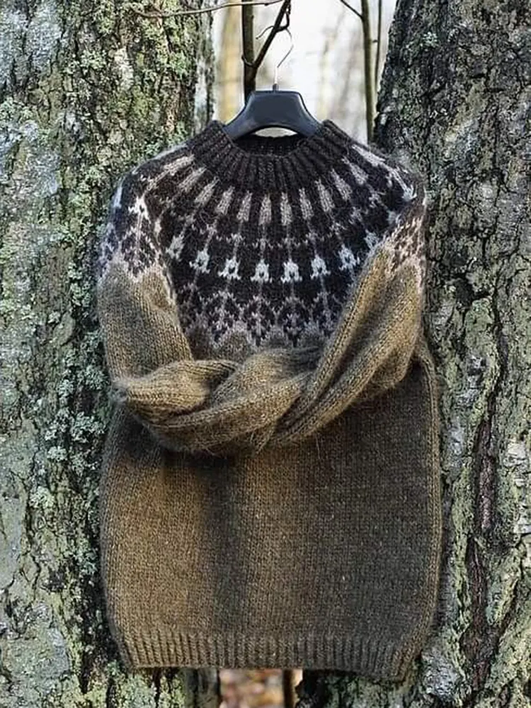 Vintage Warm Knitted Jacquard Iceland Crew Neck Sweater