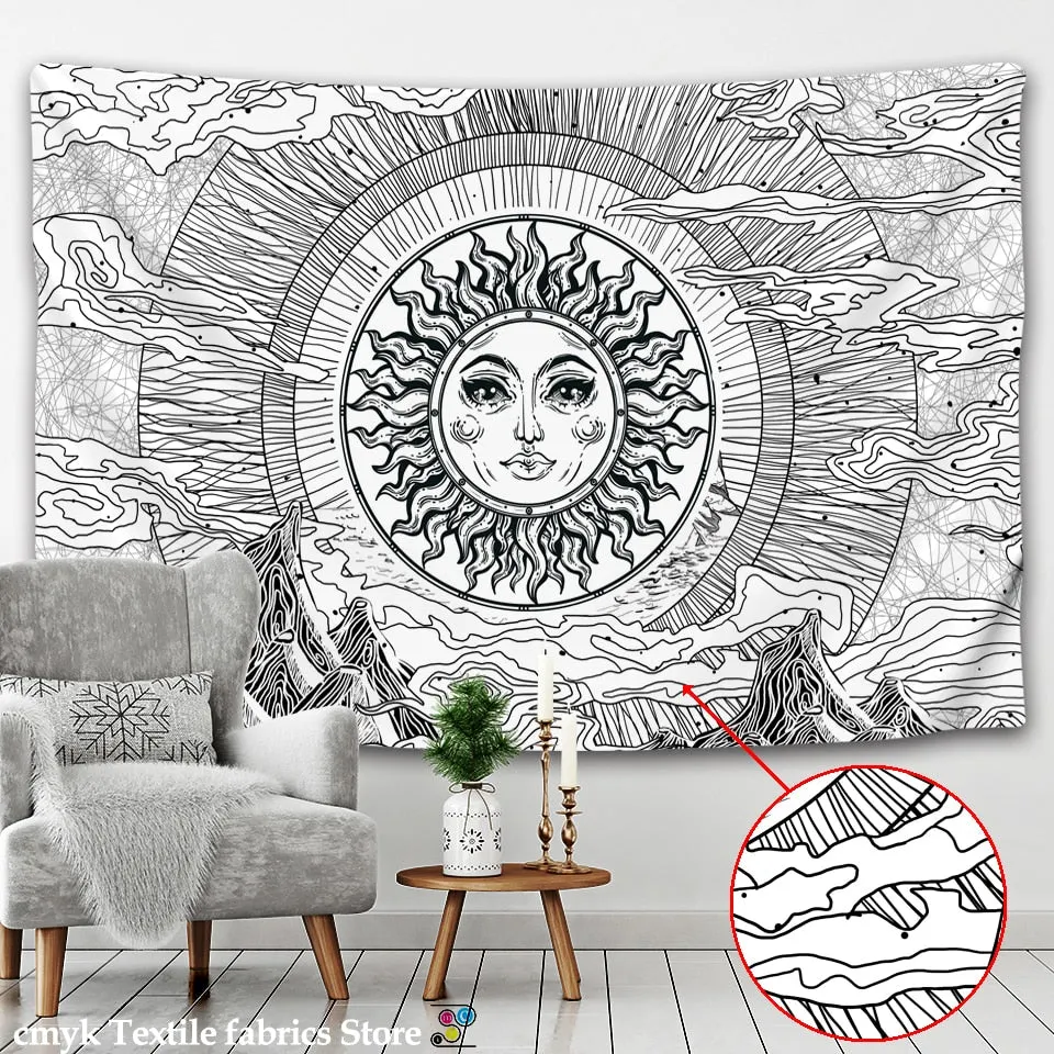 White Black Sun Moon Mandala Tapestry Wall Hanging Celestial Hippie Carpets Dorm Decor Psychedelic Witchcraft Halloween
