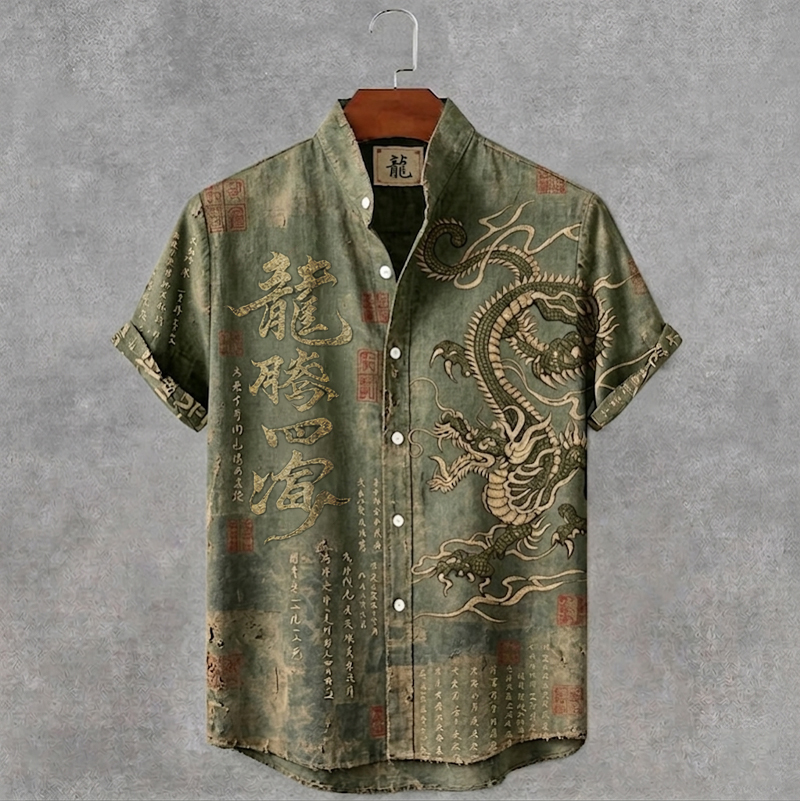 Comstylish Men's Japanese Style Dragon And Calligraphy Art Print Short Sleeve Shirt