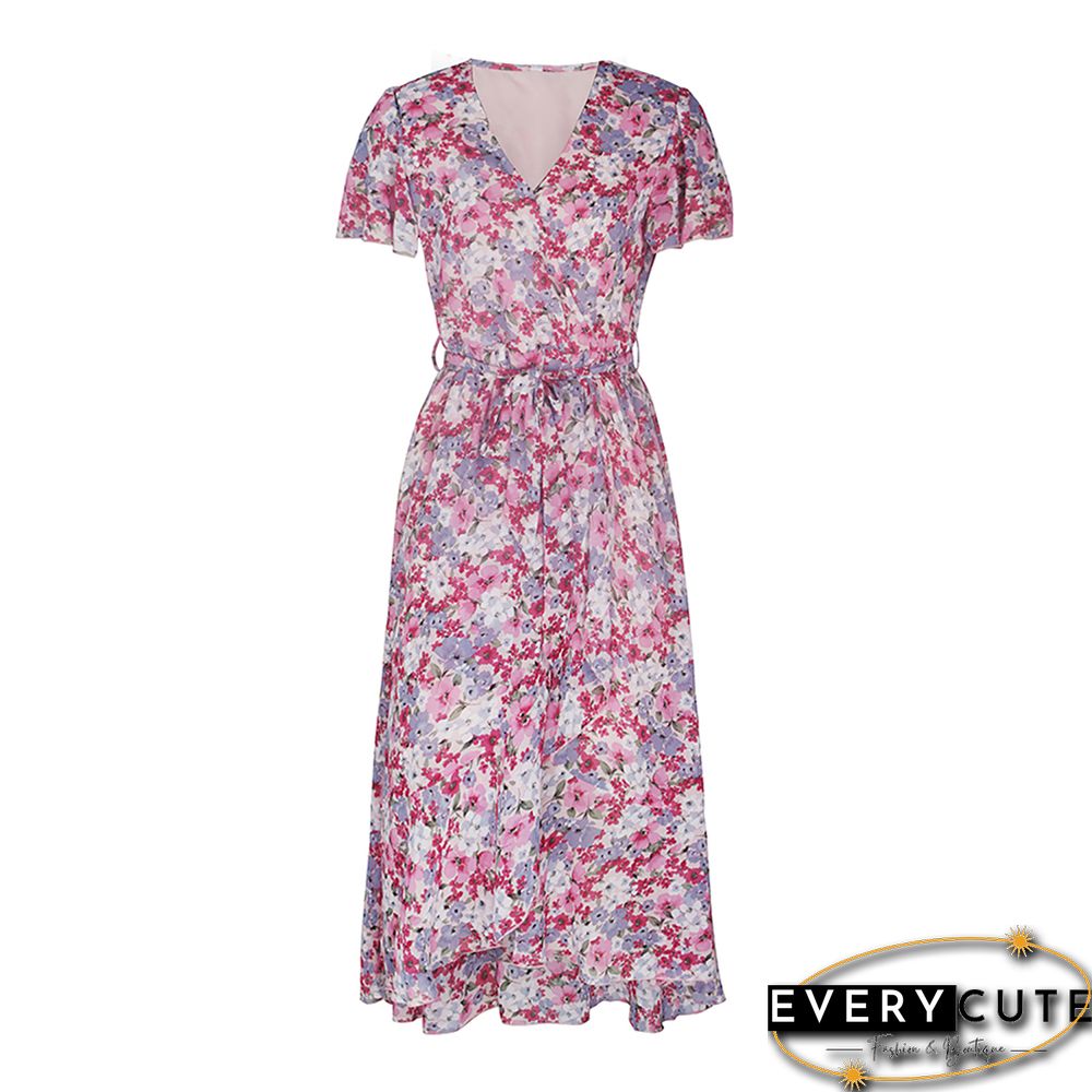 Pink Tie Waist Short Sleeve High Low Floral Dress