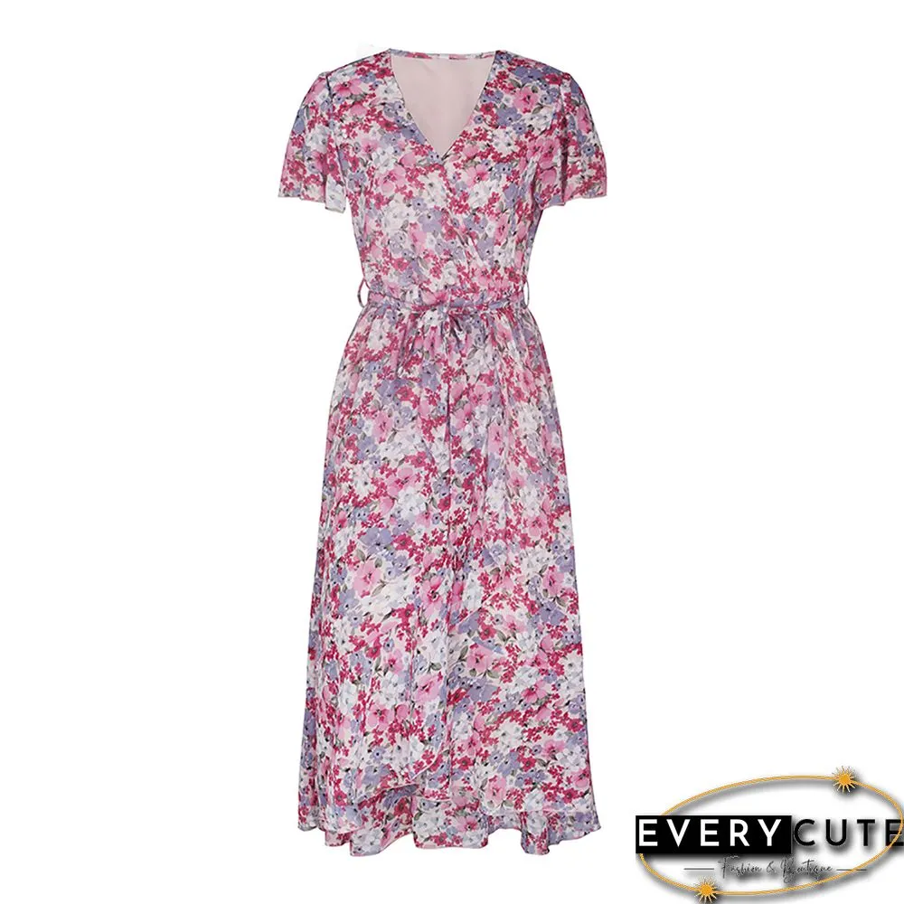 Pink Tie Waist Short Sleeve High Low Floral Dress