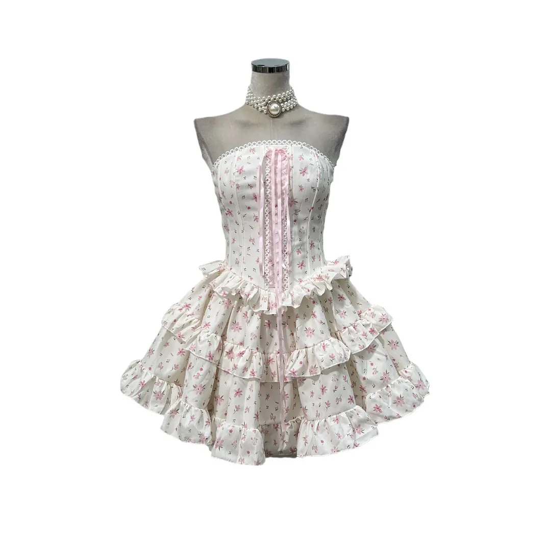 Brownm French Fashion Ribbon Crumbed Girl Series Cake Corset Dress With Same Color Pumpkin Shorts