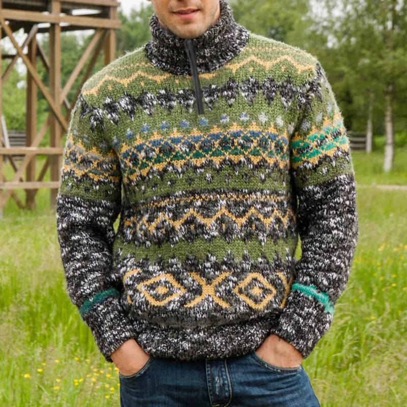 Retro Knitted Jacquard Iceland Half Zip Neck Sweater