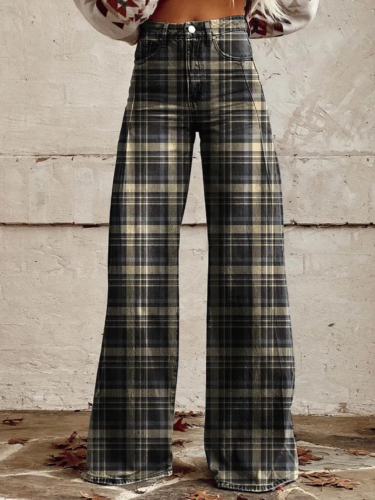 Women's Yellow Black Check Print Casual Wide Leg Pants