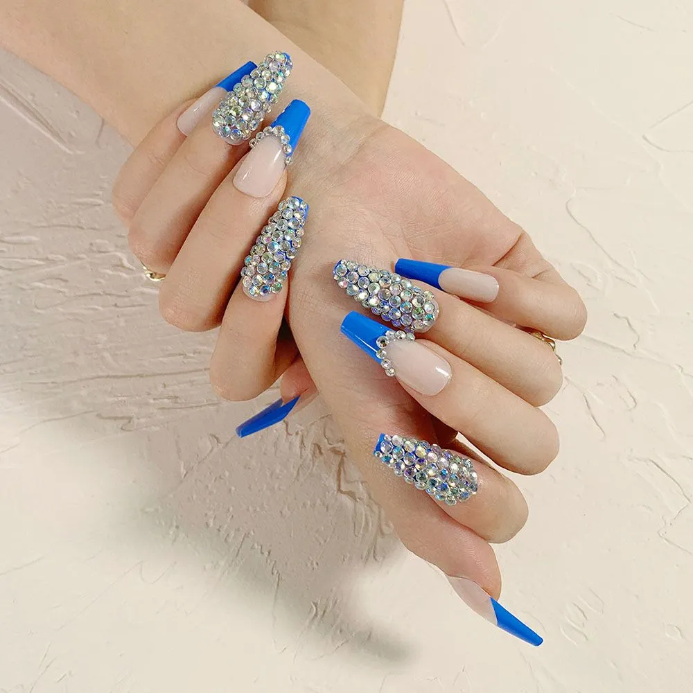 Luxury Fake Nails Designer Extra Long French Jewelry designed Nails Natural Stones Rhinestone Coffin False Nail Decoration Tips-Nail Inspo