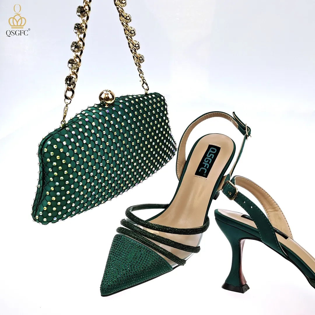QSGFC2022 Fashion Shiny Full Diamond Decoration In Nigeria Elegant Orange Color Ladies Shoes and Bag For Party Wedding