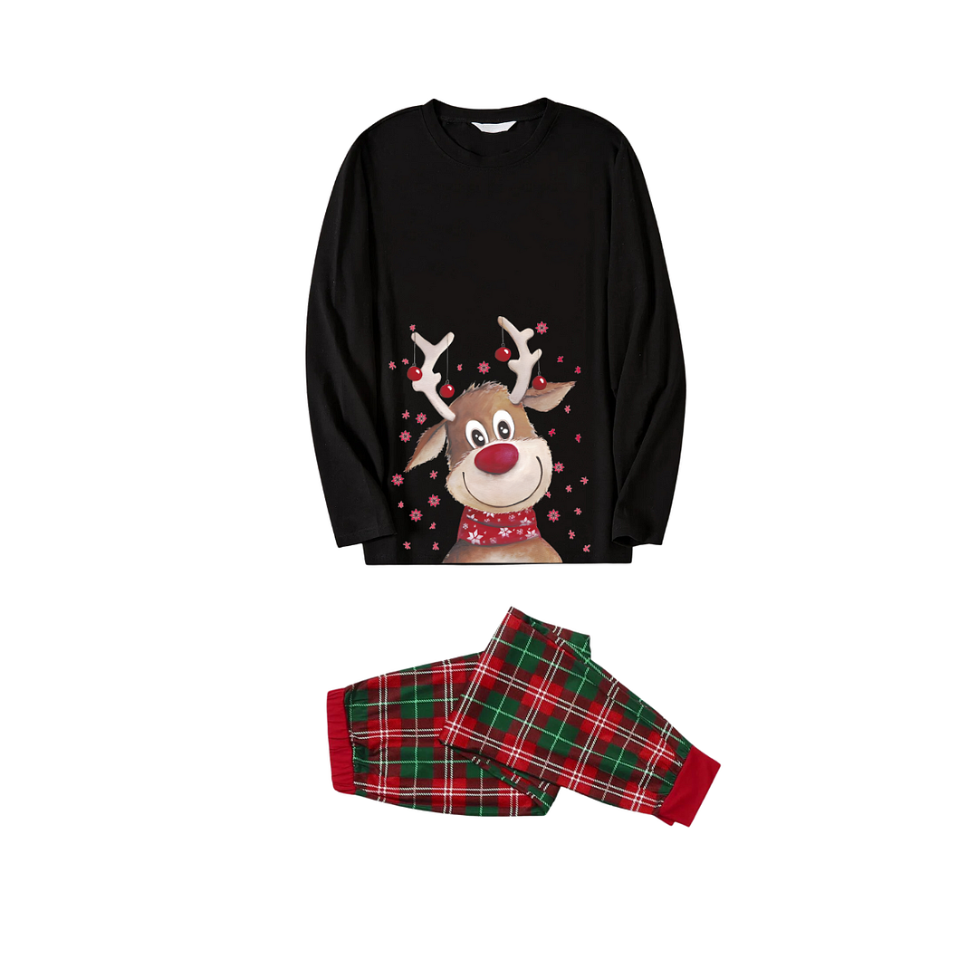 Cute Deer Pattern Black Top Red and Green Plaid Family Matching Pajamas