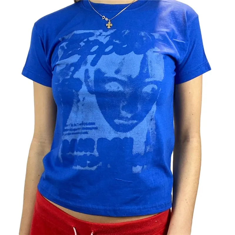 Xingqing Y2K Summer Short Sleeve T-shirt Girls Creative Figure Printing Round Collar Tops Slim Base Shirt Harajuku Tee Top