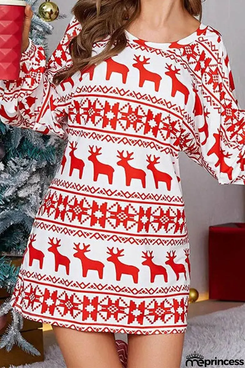 Elegant Wapiti Snowflakes Printing O Neck Printed Dress Dresses