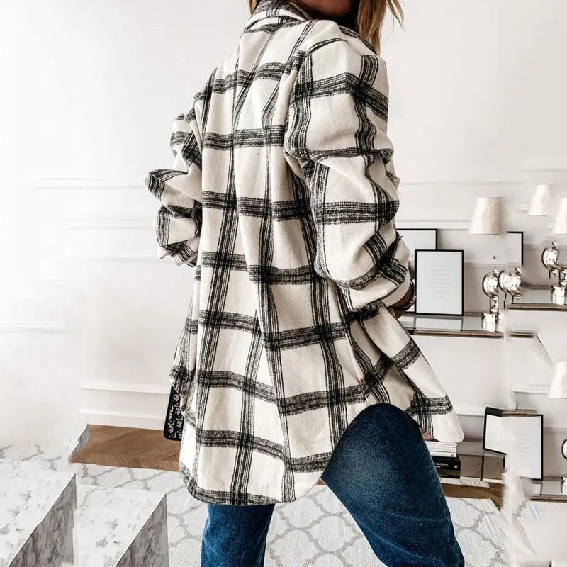 65% Cotton Autumn Plaid Jacket Women Overshirt Loose Winter Checkered Jacket Female Long Sleeve Shirt Jacket For Women 2021