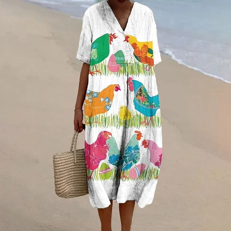 Women's Colorful Cartoon Chicken Printed Flowy Dress