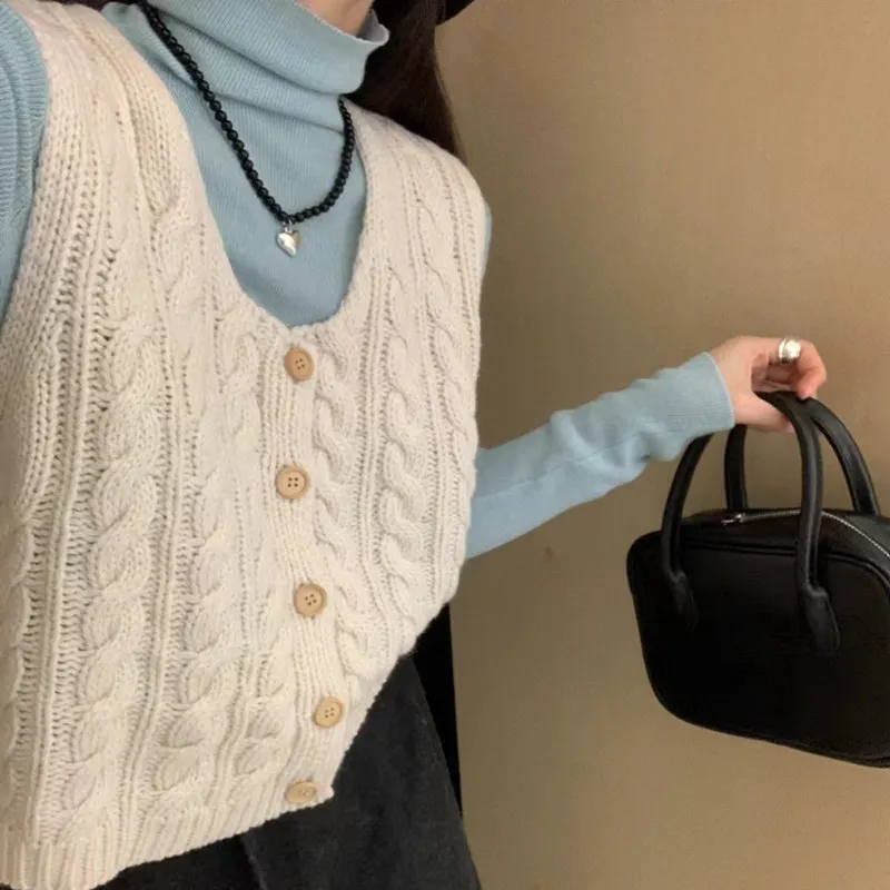 Churchf Churchf Short Fold Wear Single Breasted Sweater Cardigan Vest Retro Twist Round Neck Thick Line Knit Vest Woman