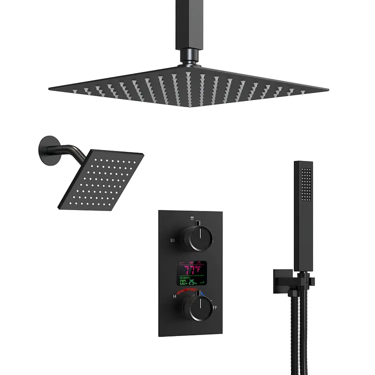 EVERSTEIN LED Temperature Display Rainfall Shower System in Matte Black SFS-1033-BK12