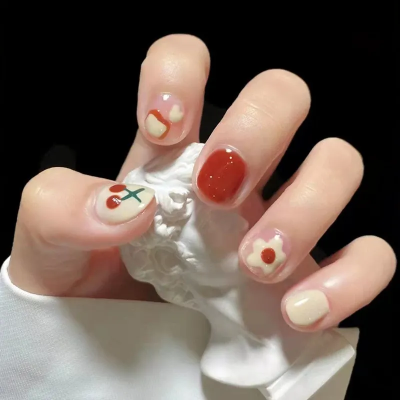 24Pcs Coffee Color With Grids Heart Designs False Nail Full Cover Fake Nails with Glue Detachable Wearable Manicure Nail Tips-Nail Inspo