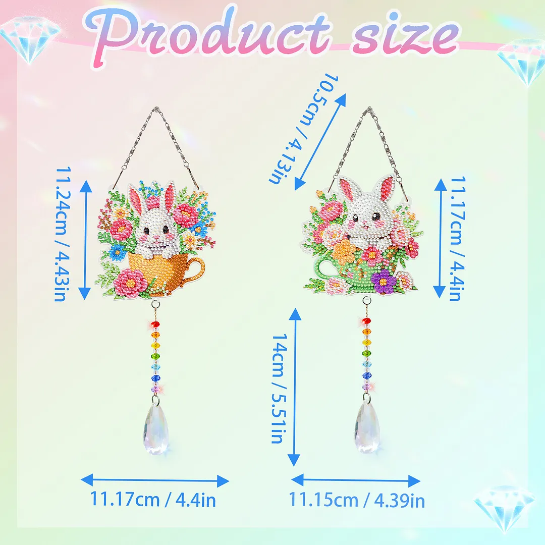 2Pcs Teacup Rabbit DIY Double-Sided Diamond Painting Hanging Kits Diamond Painting Suncatcher Craft Kit for Home Garden Wall Decor Gift
