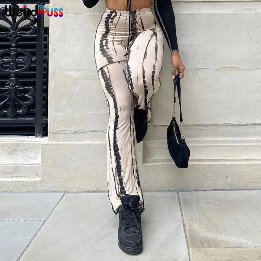 Weird Puss Tie Dye Print Casual Straight Pants Women stripe Stretch High Waist Long Trousers Wild Fashion Streetwear Y2K Bottoms