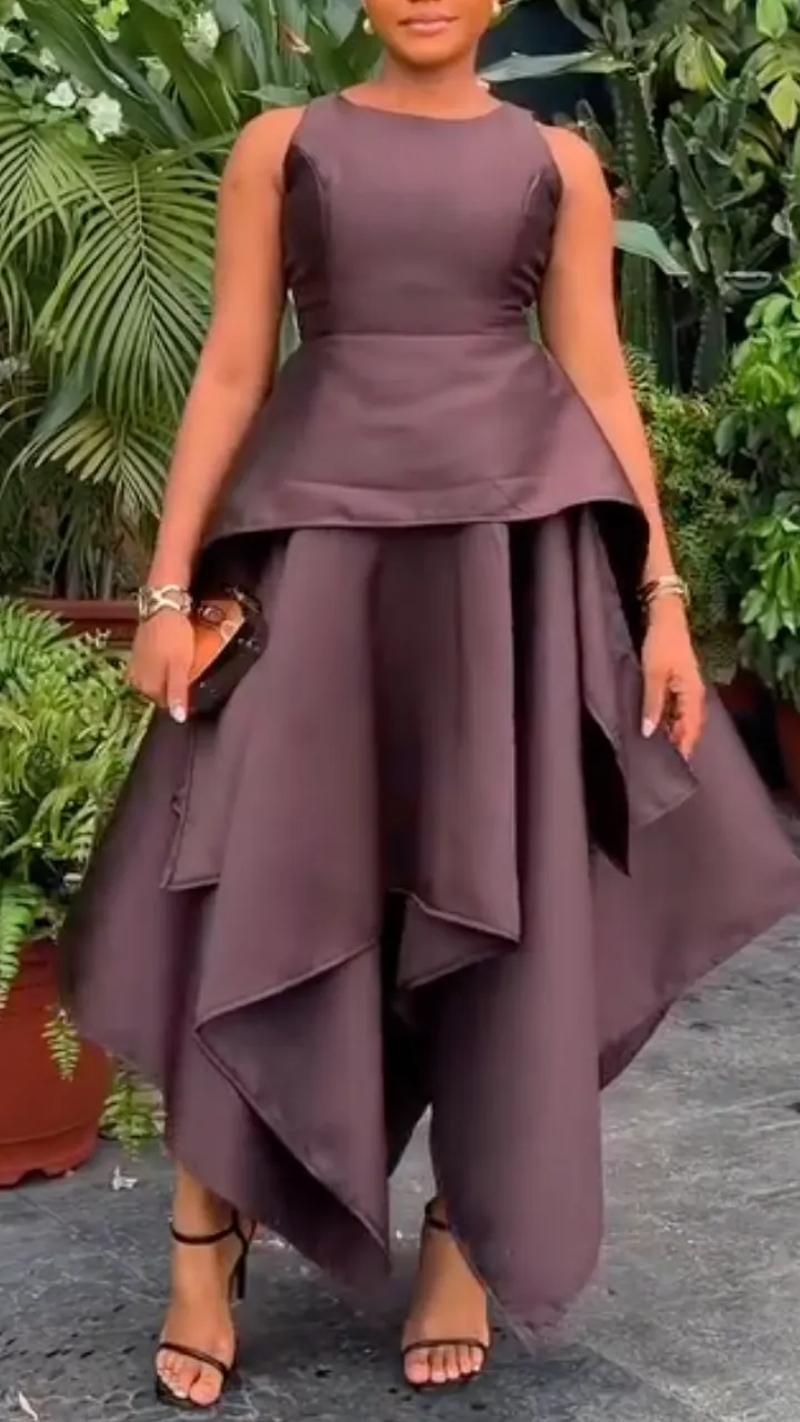 Round Neck Sleeveless Peplum Asymmetrical Maxi Dress