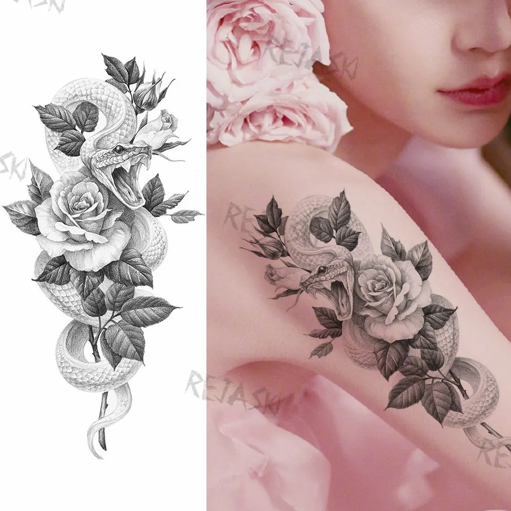 Sdrawing Rose Jewelry Water Transfer Tattoo Stickers Women Body Chest Art Temporary Tattoo Girl Waist Bracelet Flash Tatoos Flower