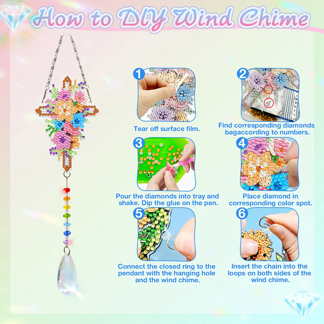 2Pcs Flower Cross DIY Acrylic Diamond Painting Art Wind Chimes with Crystal Pendant Diamond Art Hanging Pendant Double-Sided for Adults Beginners Gift Home Garden Decor