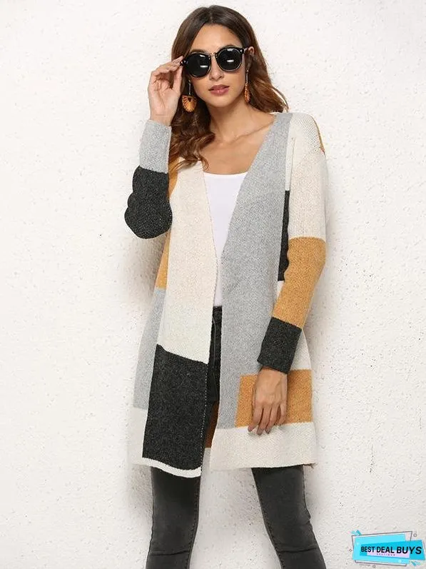 Color Matching Knitting Long Sleeves Cardigans Tops