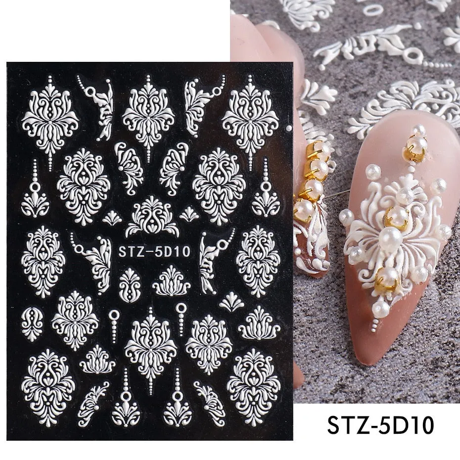 Nail Stickers Embossed 5D Elegant Carved Rose Pattern Designs Back Glue Nail Decals Tips For Beauty Salons-Nail Inspo