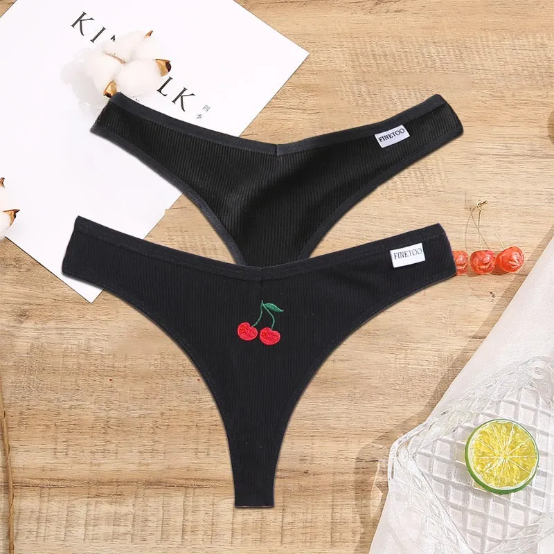 FINETOO 2/3PCS Women Lingerie Fruit Embroidery Panties G-string Sexy Low Rise Cotton Thongs Girl Underwear V-Waist Female Pantys
