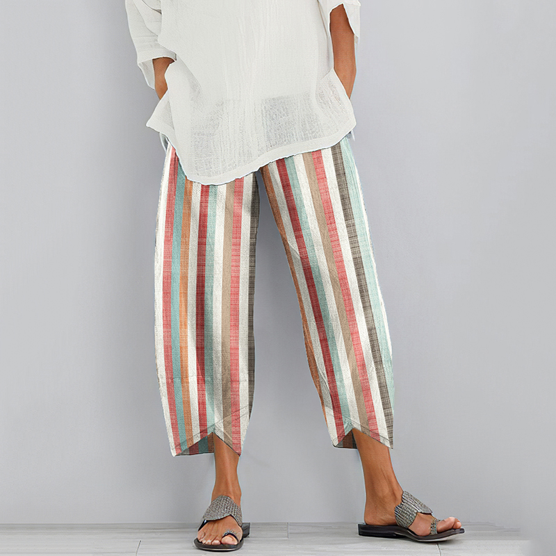 Comstylish Vintage Color Block Stripes Cotton And Linen Casual Pants