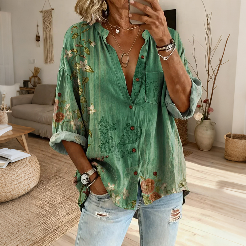 Comstylish Ethnicity Geometry Flowers Green Women's Vintage Art Print Casual Cotton And Linen Shirt