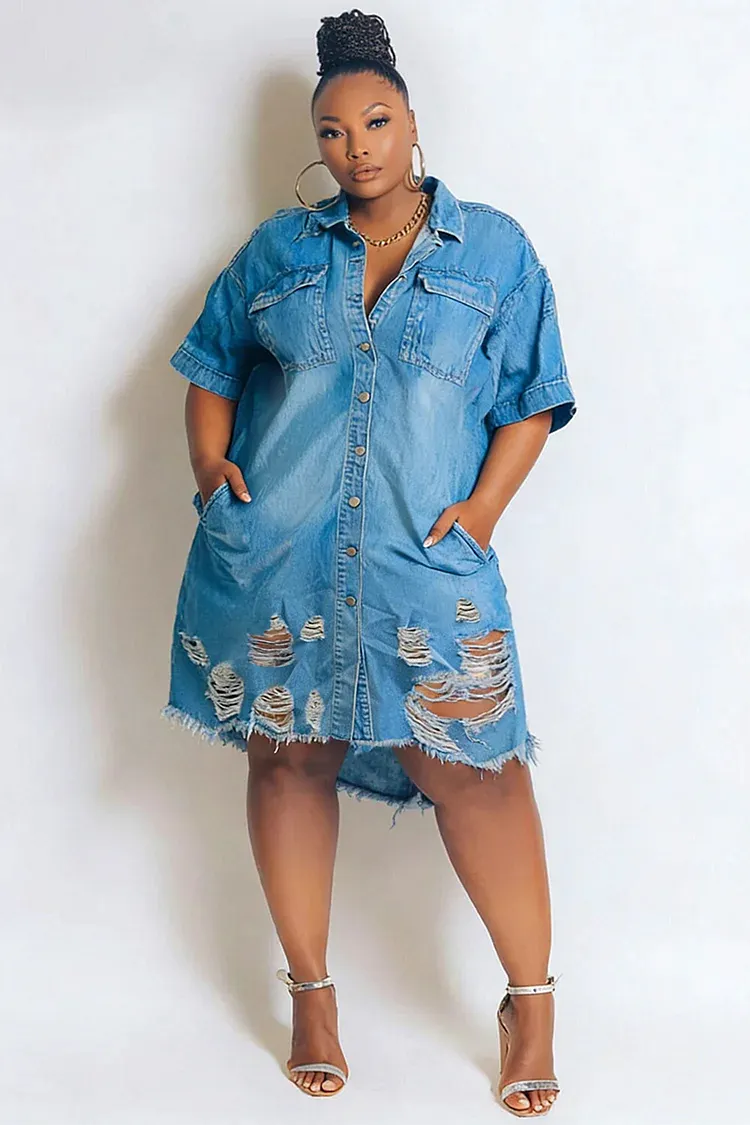 Xpluswear Design Plus Size Daily Blue Shirt Collar Short Sleeve Distressed Pocket Denim Mini Dresses 2024 - Xpluswear