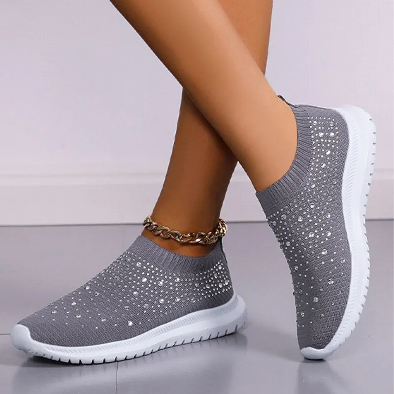 Shining Crystal Flats Shoes For Women Plus Size Breathable Mesh White Sneakers Woman 2022 Spring Summer Soft Sole Sports Shoes